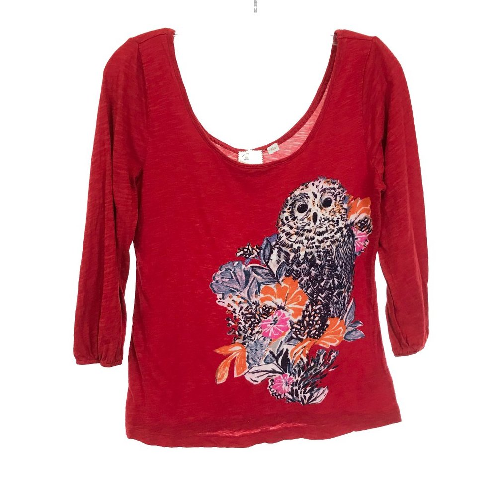 Womens Size Small Postage Stamp Anthropologie Owl Bird and Floral Jersey Tee Top